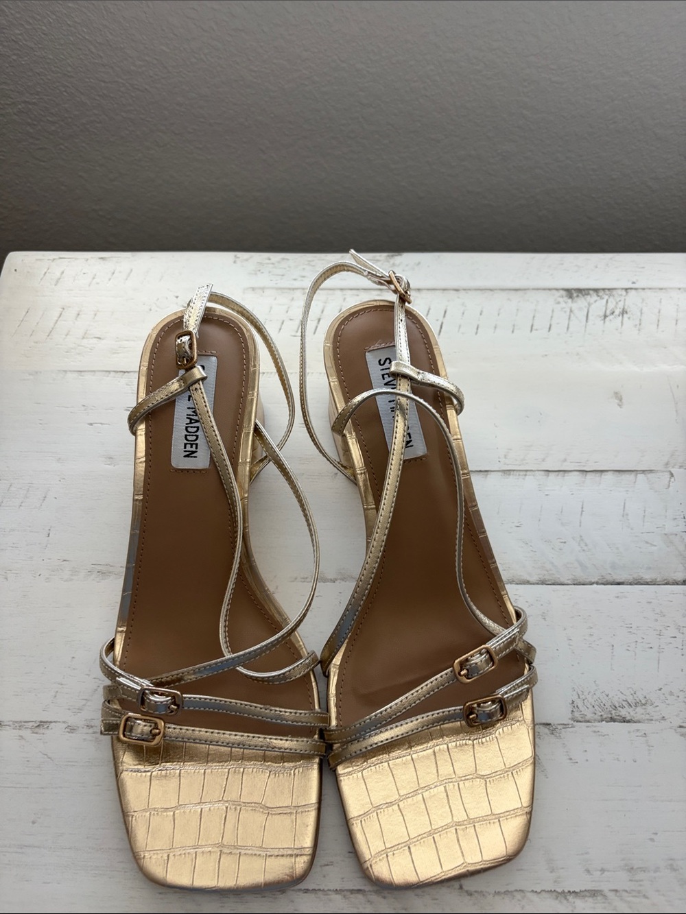 Steve Madden Metallic Gold Croc-Textured Strappy Heels